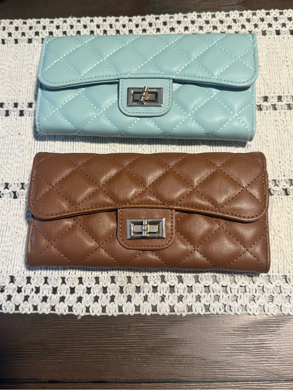 2 NWOT vegan leather quilted Wallets - Brown / Mint